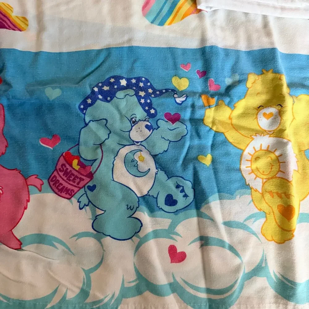 Vintage Care Bears Twin Sheet Set Fitted Flat 80s Cloud Cartoon Hearts